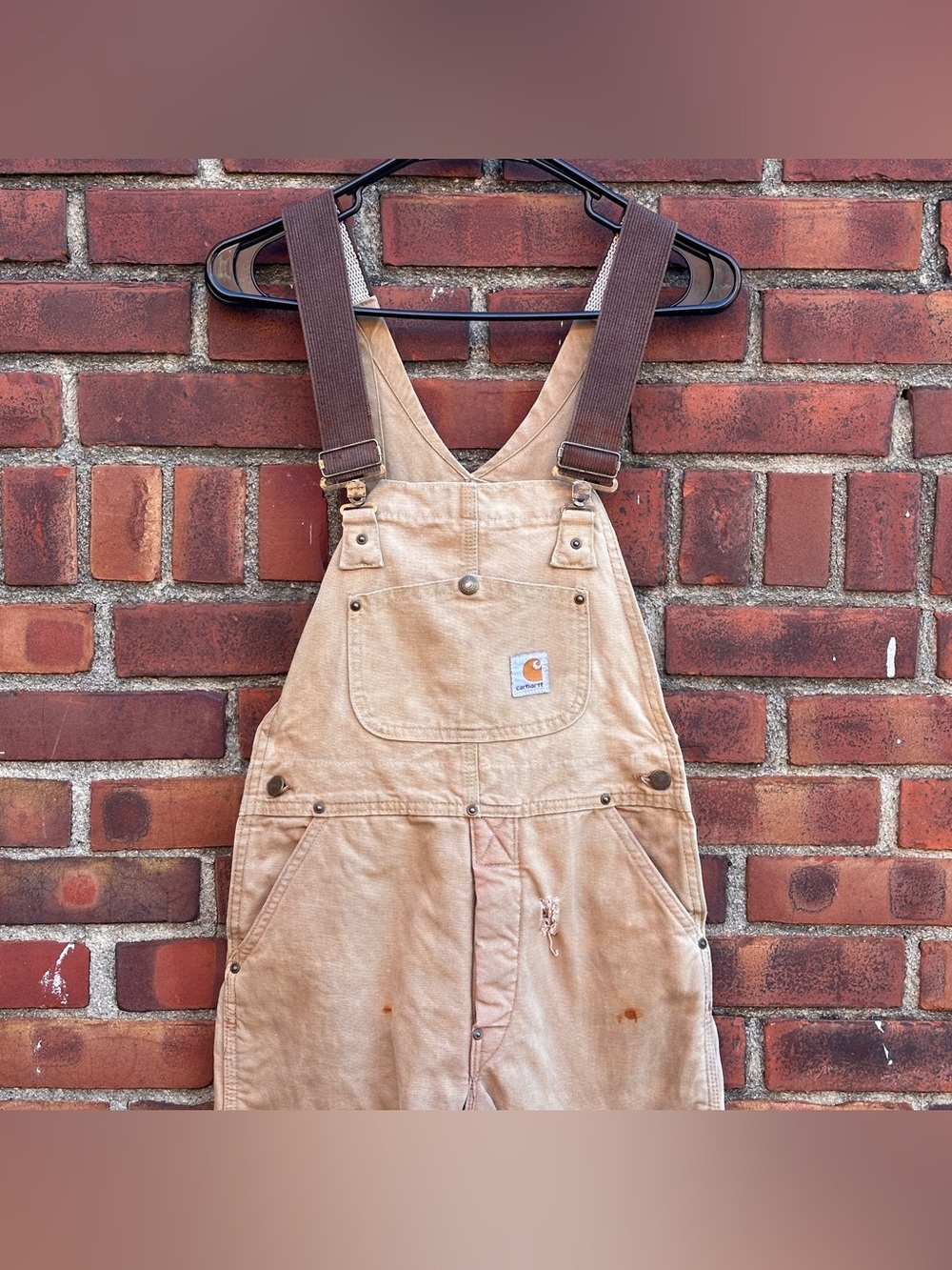 Vtg 80s Carhartt Double Knee Quilt Lined Bib Overalls Brown 29x26 Short Petite⁠